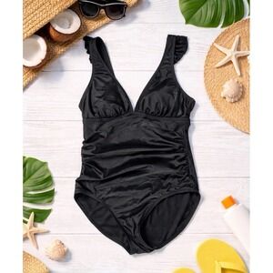 Women's Black Kona Sol One Piece Swimsuit Size Large Ruffles Swim Beach Pool